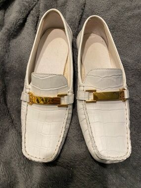 Lauren Ralph Lauren White Croc-Embossed Loafers with Gold Accent